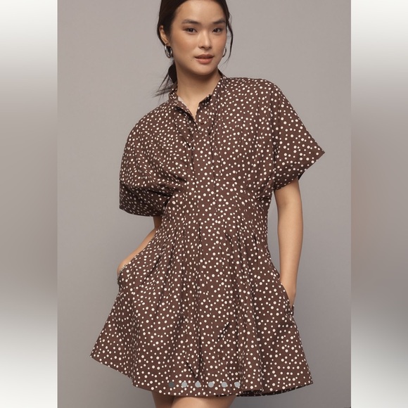 Exquise Dresses & Skirts - Anthropologie Exquise Tie Neck Tobie Mini Dress - Brown Polka Dot